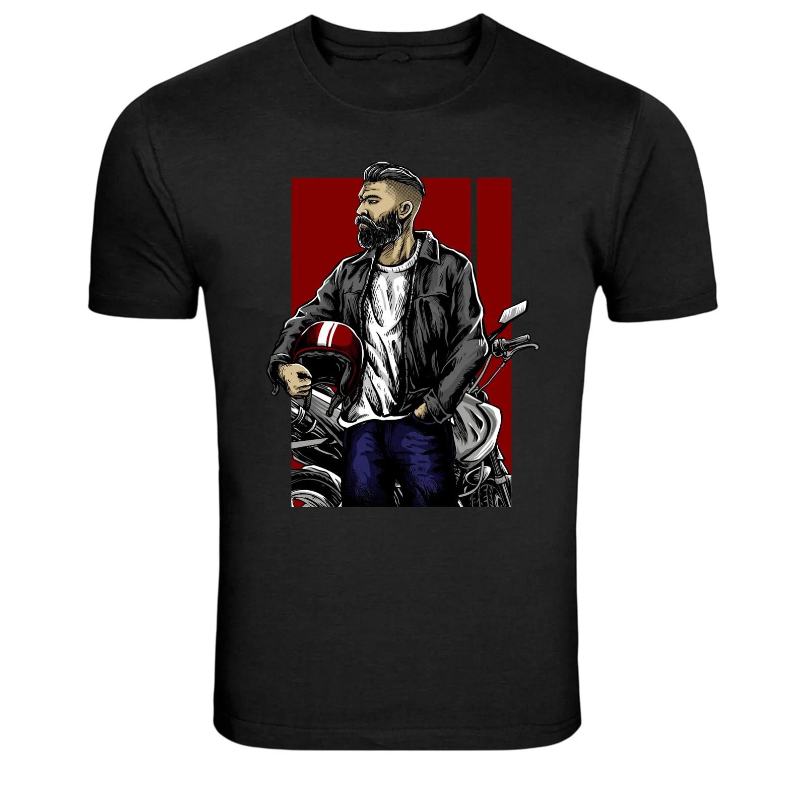 Bearded Biker Man With Motorcycle Helmet Graphic T-Shirt M