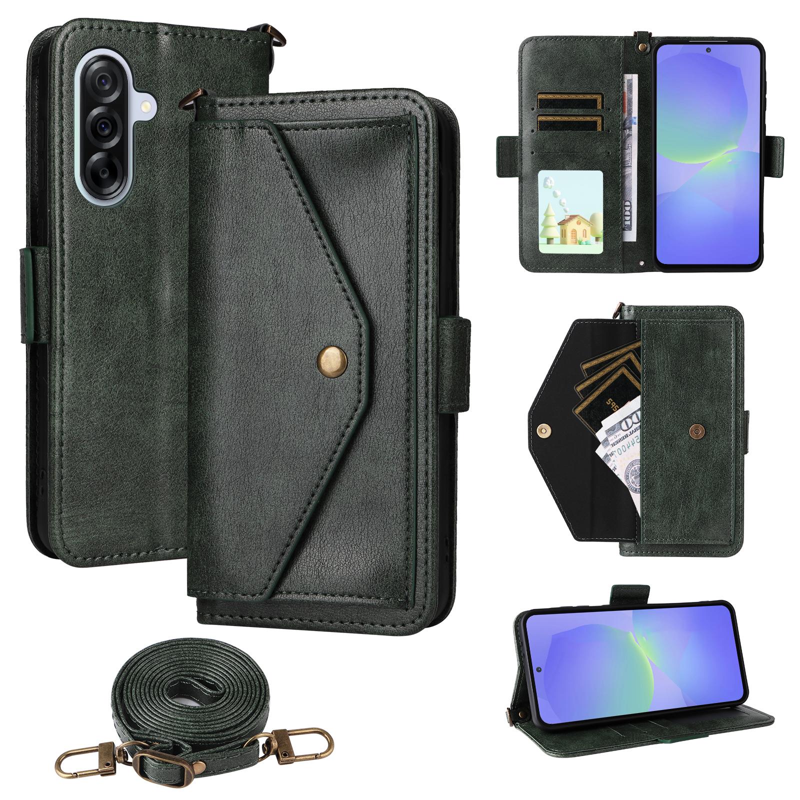 

For Samsung Galaxy A24 4G (162.1mm) Leather Case Magnetic Closure Wallet Stand Phone Cover with Crossbody Strap Green