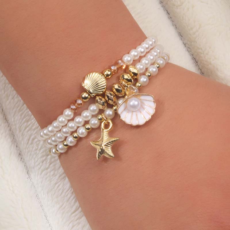 

6Pcs/Set Vintage Gold Color Starfish Shell Chain Bracelet For Women Elegant Elastic Bead Stacked Bracelet Summer Beach Zircon