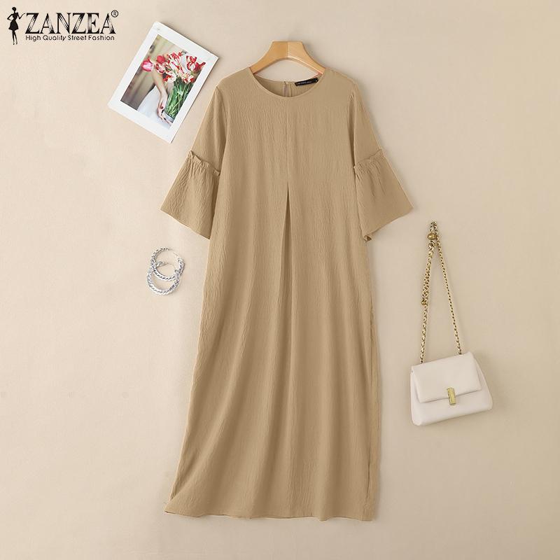 ZANZEA Women Casual Round Neck Solid Color Loose Half Sleeve Dress