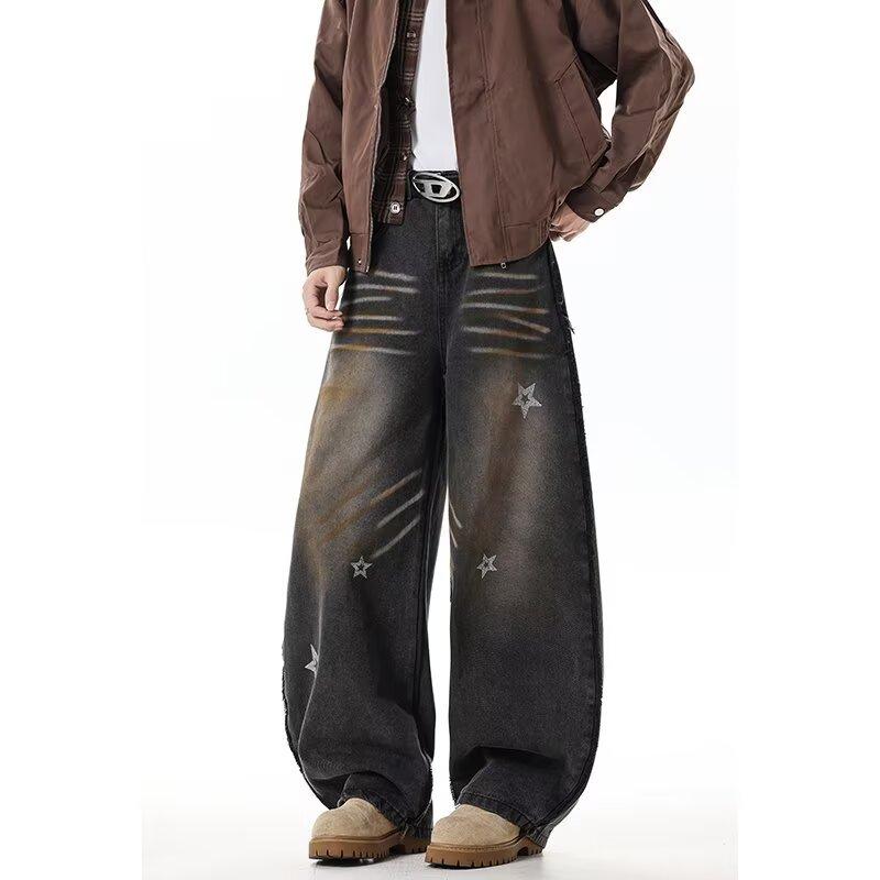 Jeans Larghi Unisex a Vita Media Deostrutturati Vestibilità Larga Vintage Americano Lavato Baggy in Denim Pantaloni Rilassati Lunghi Fino a Terra