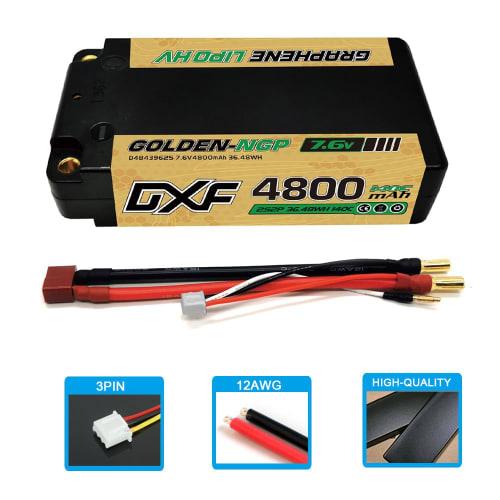DXF LiPo Battery, 2S Short LiPo 7.6V 140C 4800mAh, Gold HV Hard Case, NGP, with 5mm Ball. Features a T-plug, Perfect for RC Cars, Trucks, Airplanes, a