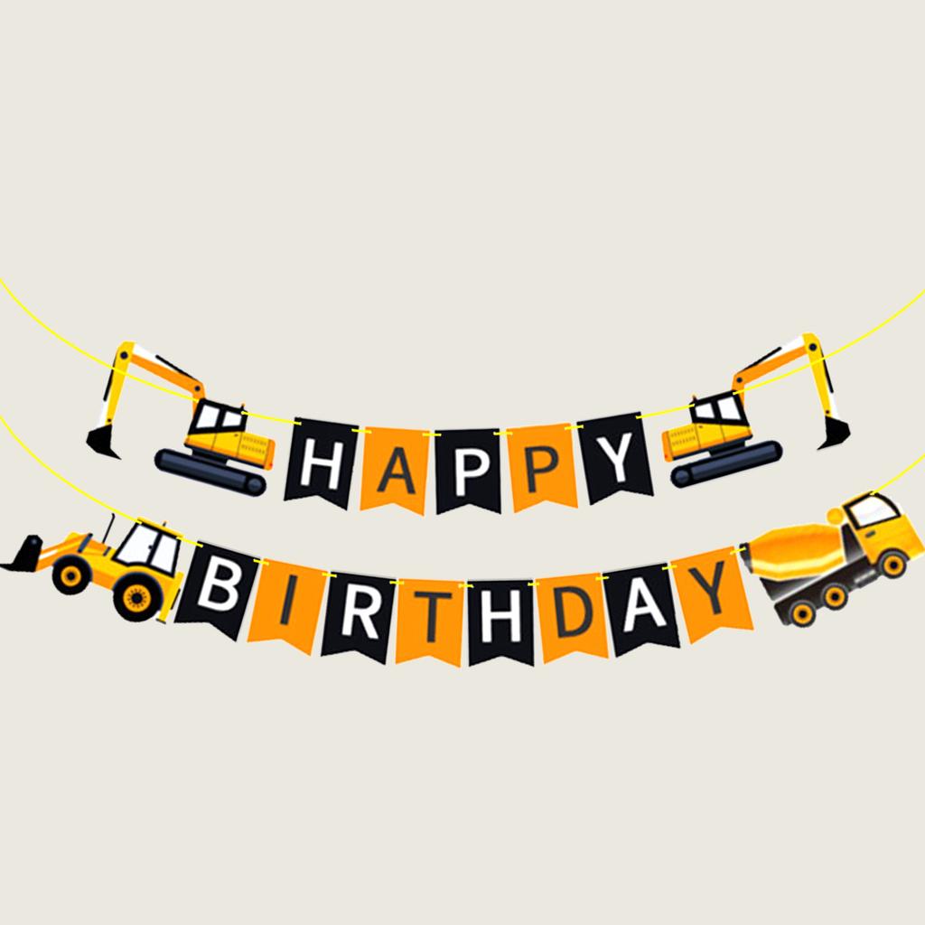 Children'S Party Decoration Cartoon Excavator Birthday Flag Construction Vehicle Excavator Pull Flower Spot Custom