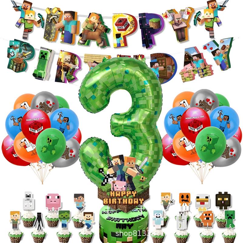 Minecraft-Themed Aluminum Foil Balloon Set: Kid's Birthday Decor with Pull Flags & Number Combination