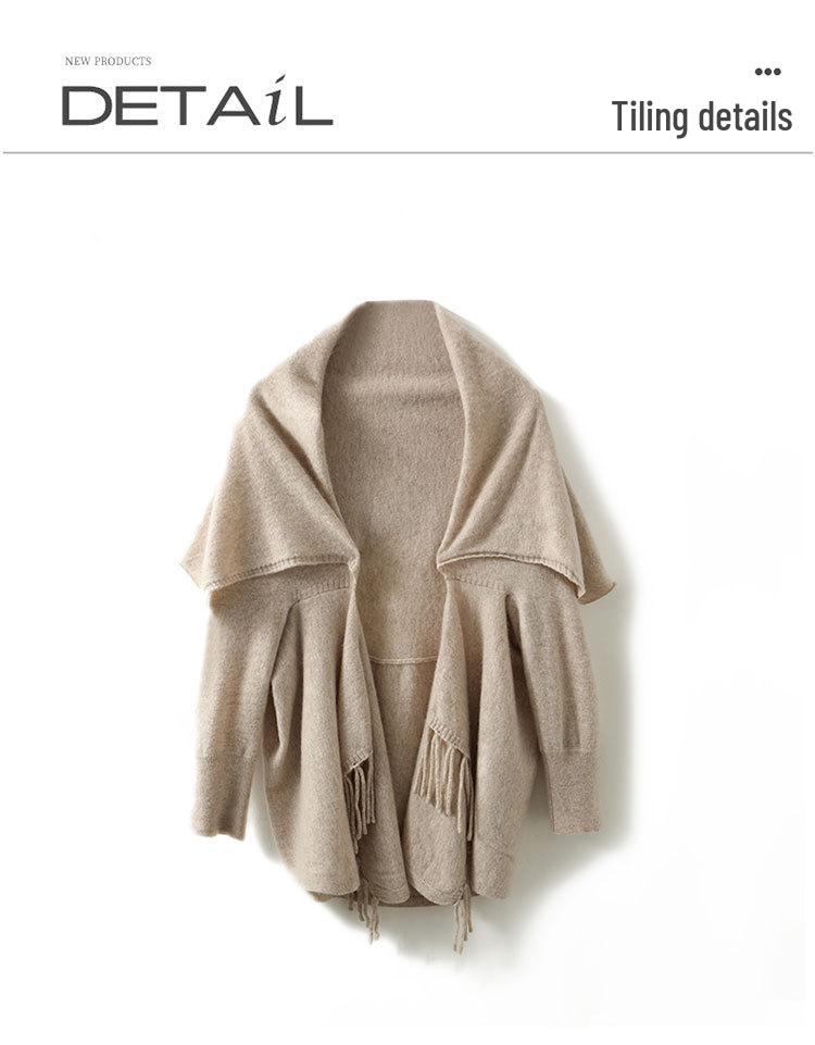 Casual Versatile Women's Pure Wool Tassel Knit Shawl Cardigan for Spring & Autumn