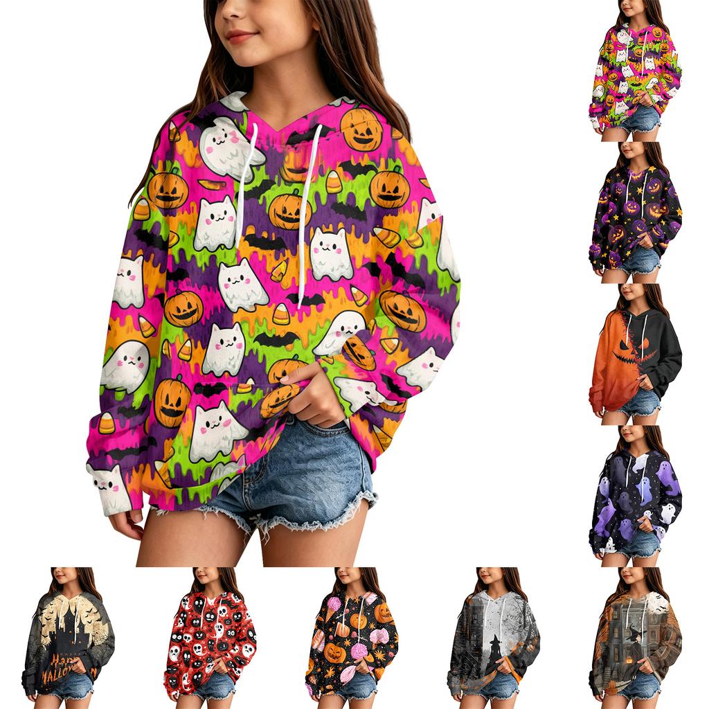 Kids' Halloween Print Hooded Sweatshirt - Casual Pullover for Boys and Girls