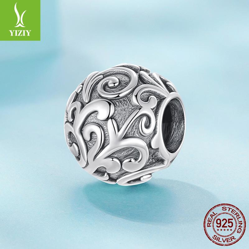 Vintage S925 Sterling Silver Rolled Grass Pattern Beaded Loose Beads, Personalized Texture Diy Bracelet Beads