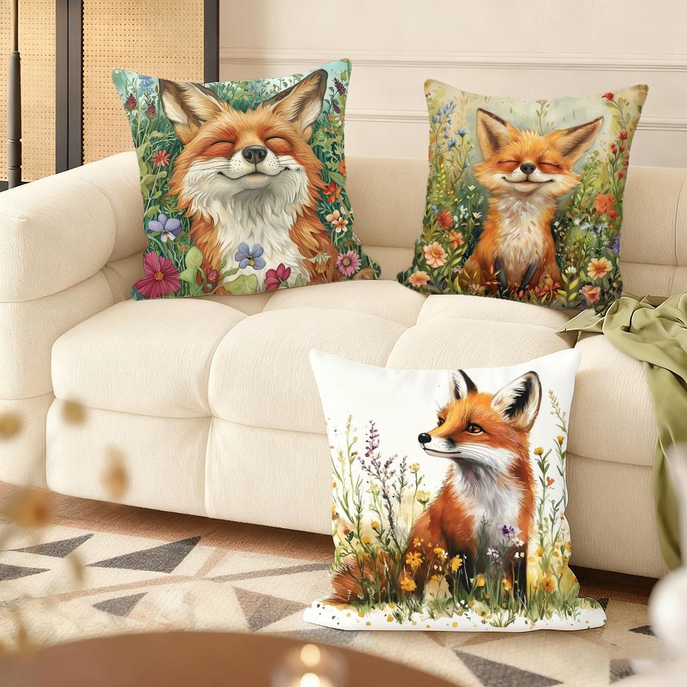 Fox printed Cushion Cover Natural Linen Organic Fabric DoubleSided Printing Couch Pillow Covers Home Decor