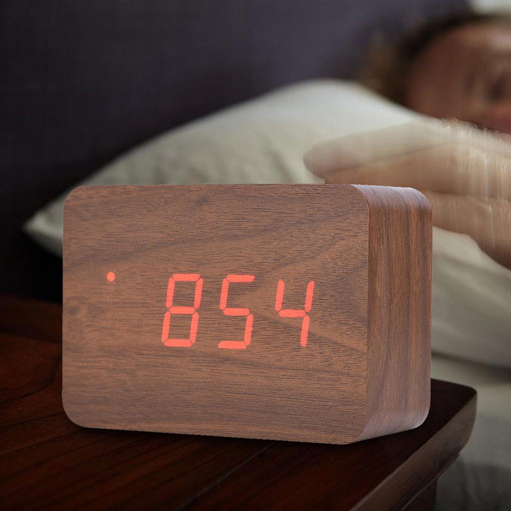 Wooden Electronic Digital Alarm Clock Temperature LED Display Sounds Control Brown