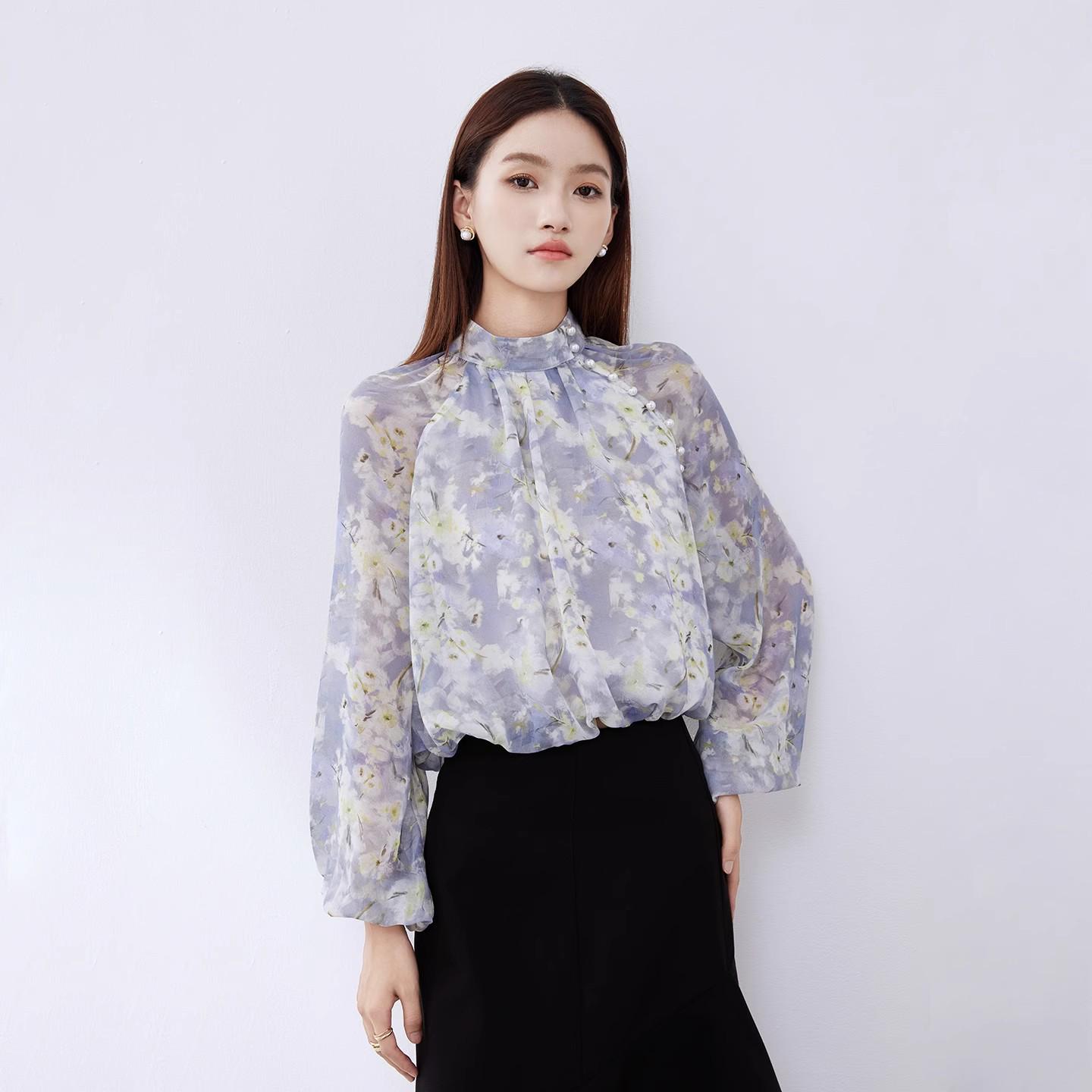 

Women s Floral Lantern Sleeve Chiffon Blouse - Stand Collar, Temperament Print, Short Top, Autumn Style Small