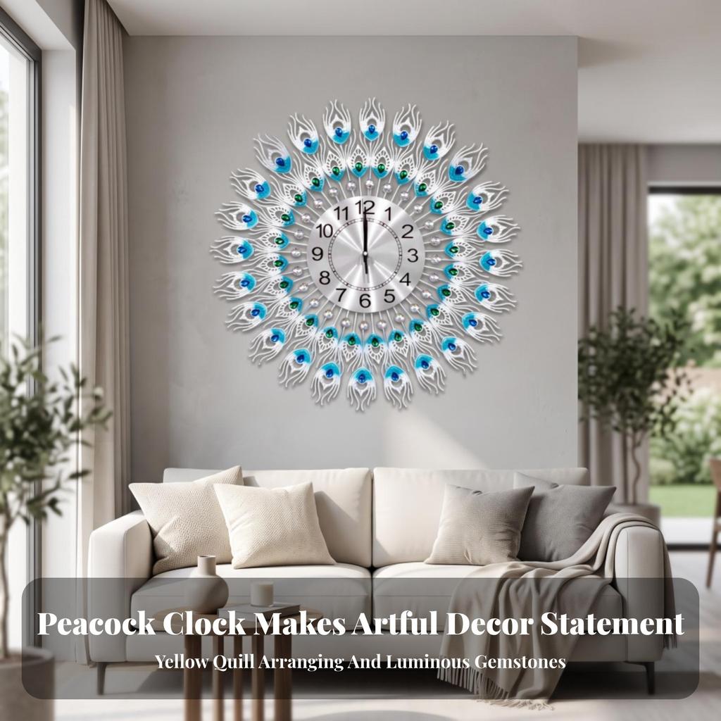 Peacock Wall Clock Non-Ticking Radial Modern Glam for Living Room