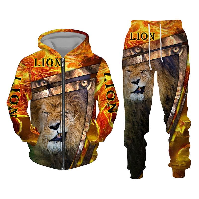 Ny The King Lion 3d Animals Print Glidelås Hettegenser Dress Herre og kvinner Sportsklær Todelt sett Høst Vinter Langermet Joggedress