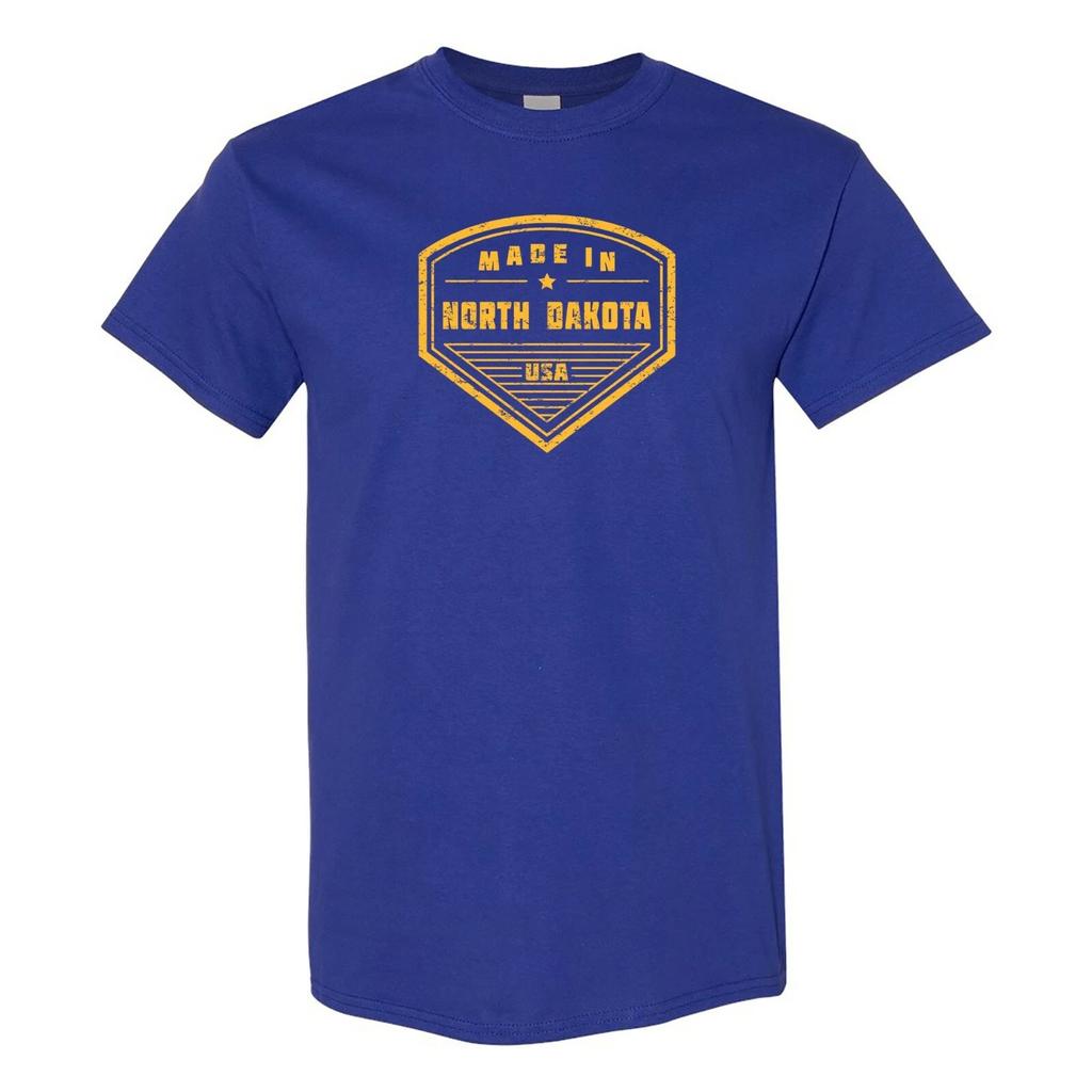 Made in North Dakota Badge- Hometown Pride State Short Sleeve T-Shirt - Cobalt