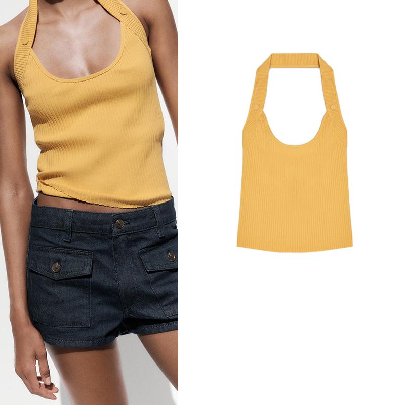 Summer New Product Women's Clothes Sexy Style Rib Hanging Collar Sleeveless Elegant Fashion All-Match T-shirt 0858310