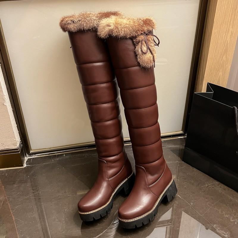 Warm Fur Plush Snow Boots Women Winter Shoes Platform Over High Knee Boots Waterproof Comfortable Female Black Brown Rain Shoes