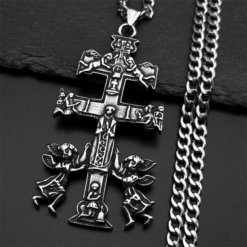 Католический Крест Каравака INRI Распятие Иисуса Ангел Херувим Ожерелье для Женщин Мужчин Нержавеющая Сталь Православная Россия Ювелирное Изделие Подарок