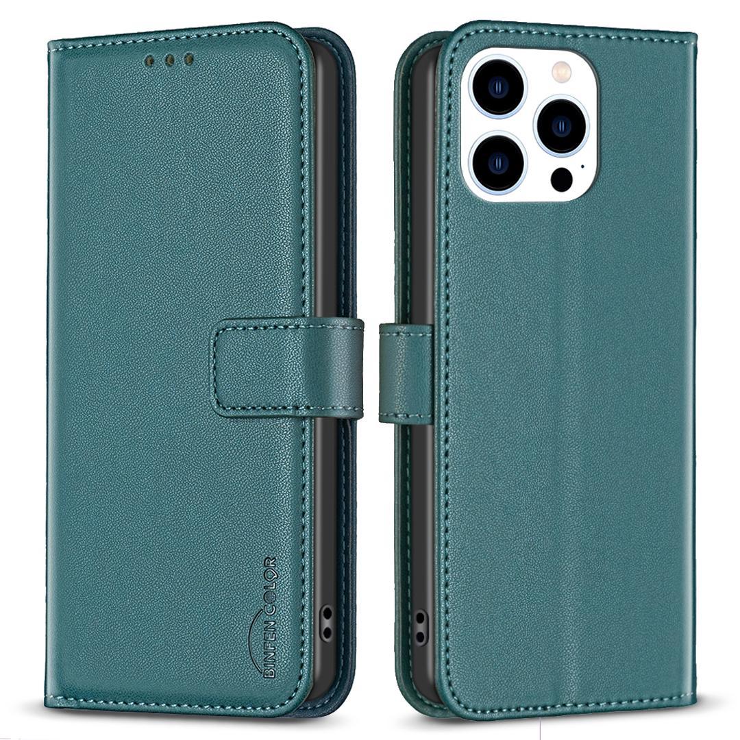 

BINFEN COLOR BF17 For iPhone 14 Pro Max PU Leather Flip Wallet Case Folding Stand Phone Cover Green