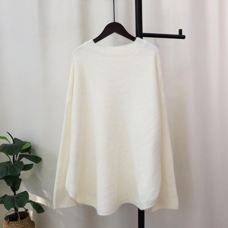 Thickened solid color medium and long knitted sweater top women's autumn and winter new loose soft waxy lazy wind sweater pullover