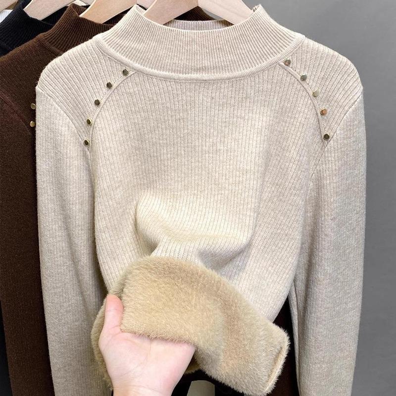 Autumn and Winter Warm Fleece Thickened Integrated Fleece Sweater Women's Bottoming Shirt New Semi-turtleneck with Knitted Top