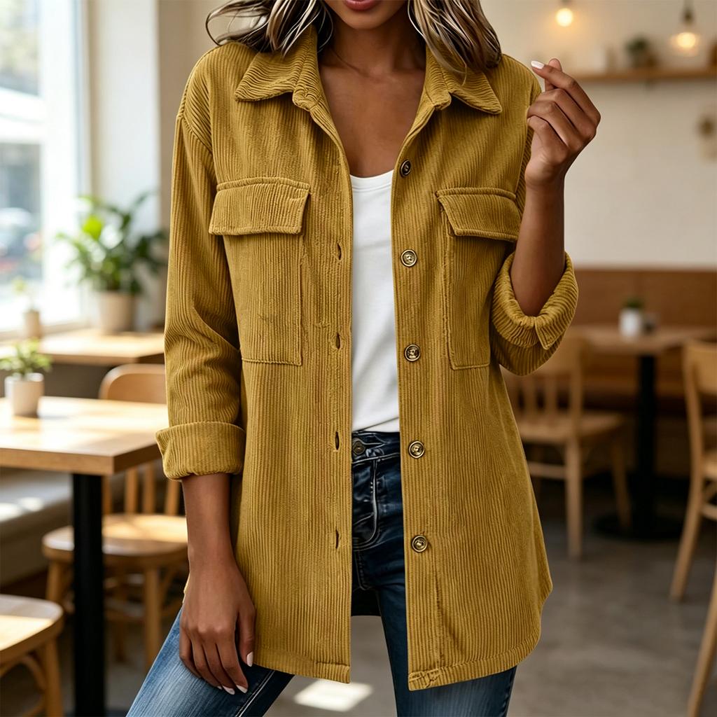 Women's loose corduroy button-down long-sleeved blouse with double pockets