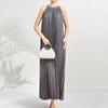 Women's Summer 2025 French Pleat Halter Neck Long Dress - Waist-Slimming High-End Vacation Style
