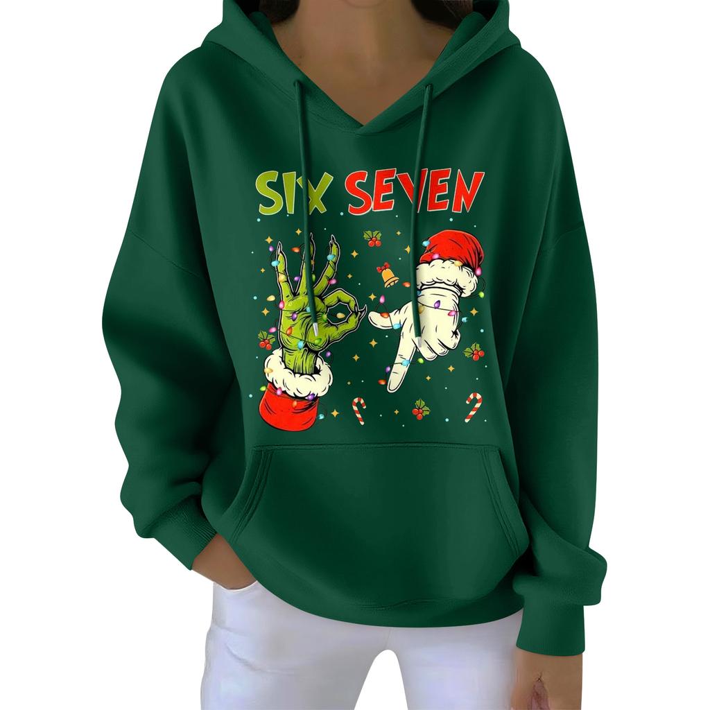 Damenmode Damen Leichter Langarmpullover mit Taschen Preppy Graphic Hoodie