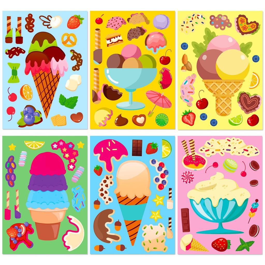6 Fotos/Packung Eisdessert DIY Kinder Niedliches Essen Cartoon Puzzle Aufkleber Kreative Kegel Gesichtsveränderungsaufkleber