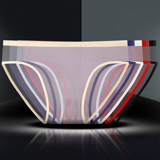 Men Briefs Mid-rise Perspective Thin Underwear with Separate Pouches Solid Color Soft Texture Breathable Elastic Panties