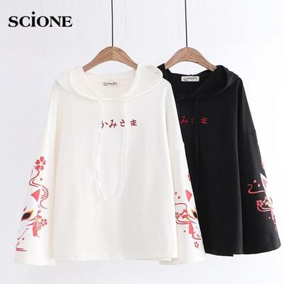 Maglietta con cappuccio da donna in stile giapponese Anime con stampa di volpe, ampia e sottile, a maniche lunghe