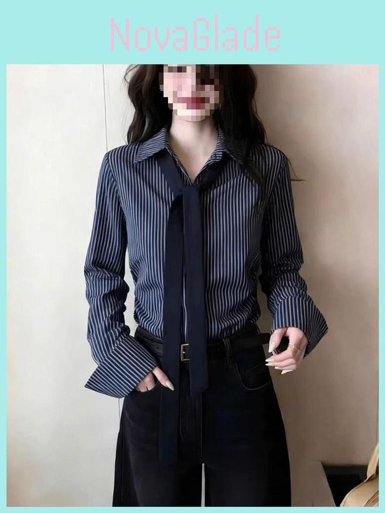Chemise Printanière Longues Manches Design pour Femme avec Motif Rayures 3D pour un Usage Décontracté