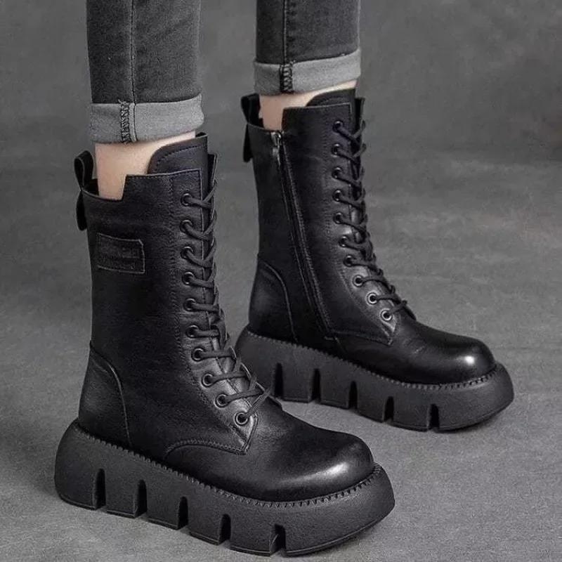 Botas de Couro Femininas Cano Alto Casual Bota de Algodão Pelúcia Quente Botas de Inverno para Mulheres Antiderrapante Botas de Plataforma Botas Mujer