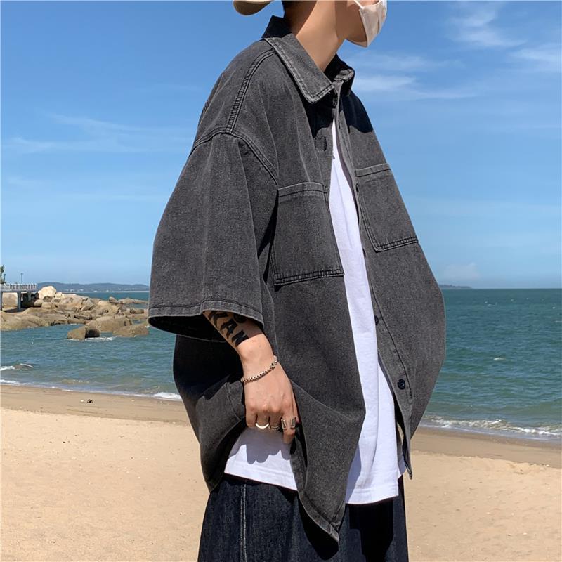 Men's Korean Style Denim Shirt - Short Sleeve, Summer, Trendy, Hong Kong-Inspired, Handsome Loose Fit.