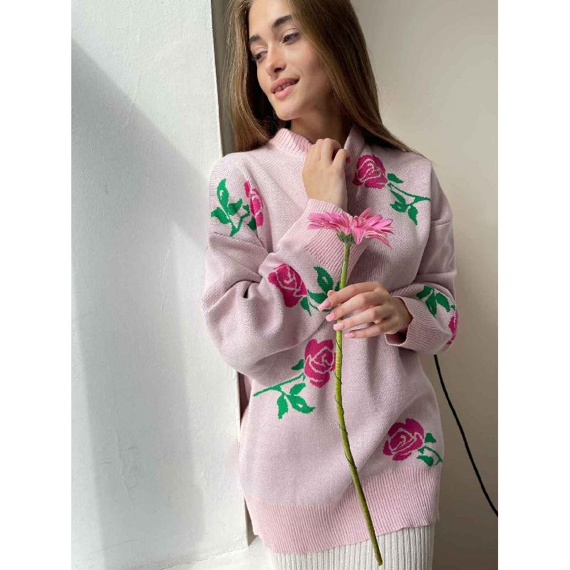 Cross-Border round Neck Rose Printed Sweater Sweater European and American Autumn and Winter New All-Matching Loose Pullover Sweater for Women
