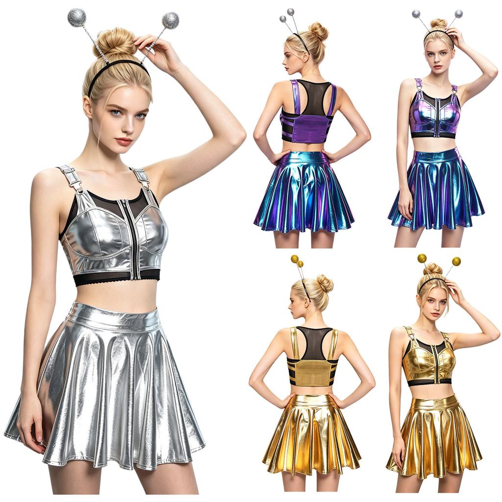 Damen Alien Kostüm Metallisch Glänzend Netz Patchwork Reißverschluss Vorne Weste Crop Top Stirnband Rüschenrock