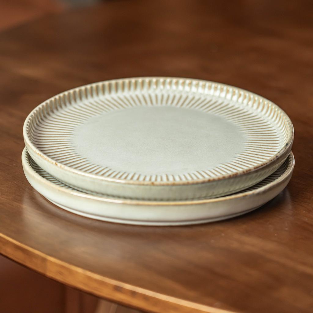 Retro Relief Striped Ceramic Plate Dinner Plate Household Western Plate Steak Plate Pasta Plate Round Vegetable Plate