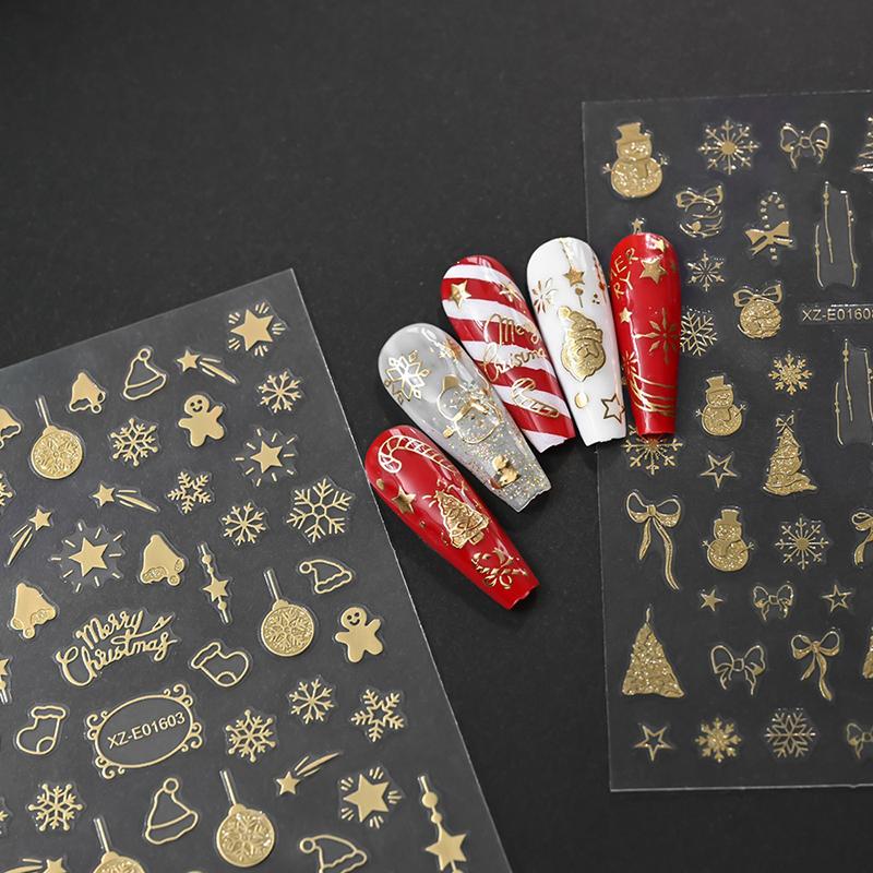 1Sheet Gold 3D Christmas Nail Foil Stickers Sparkling Snowflake Christmas Tree Snow Globe Snowflake Nail Slider Nail Stickers