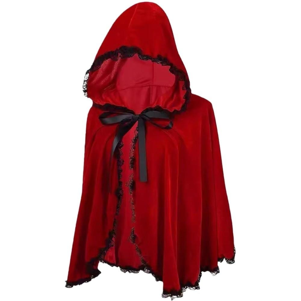 Polyester Red Hooded Cloak Fairy Tale Cosplay Costume Cape Creative Lace Trim Cloak Halloween