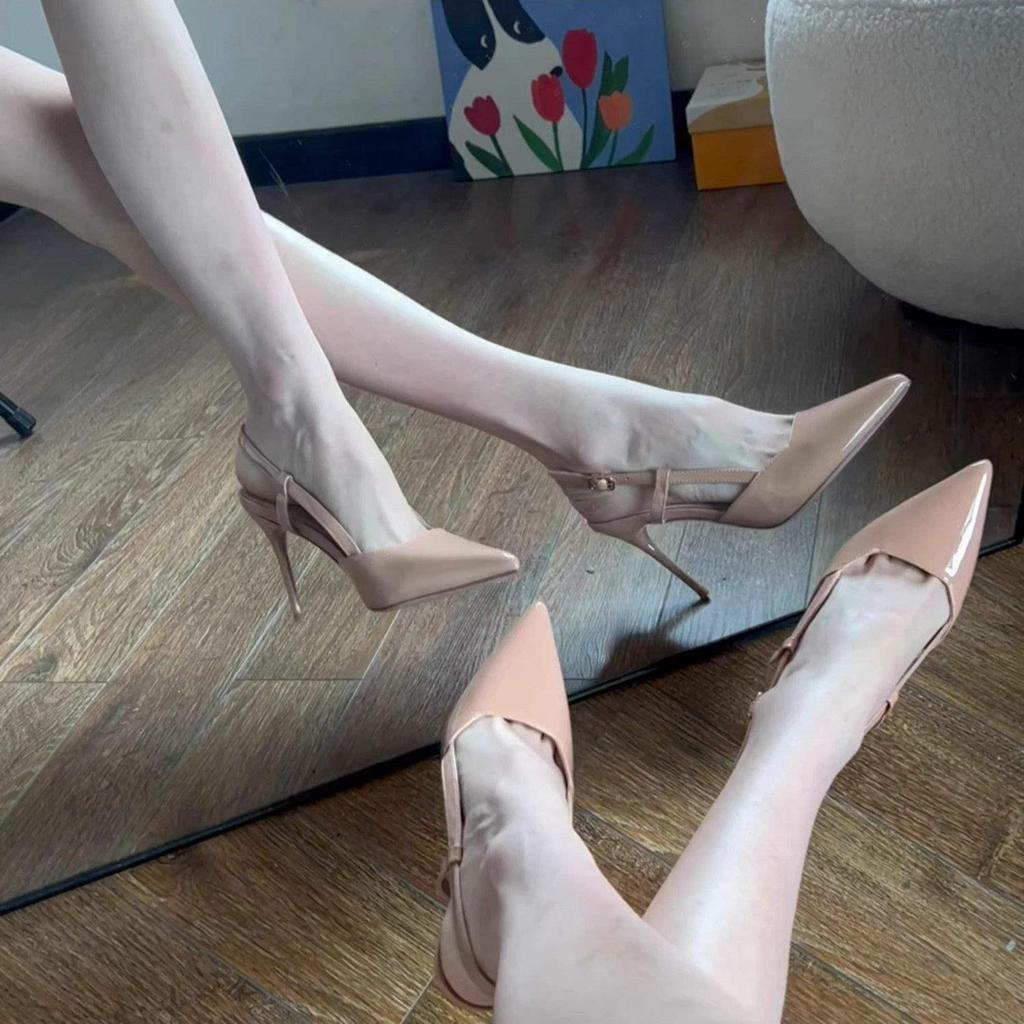 2025 Spring & Fall Women's Nude Pointed Toe Stiletto Heels—Elegant Low-Cut Sandals with Open Back Design