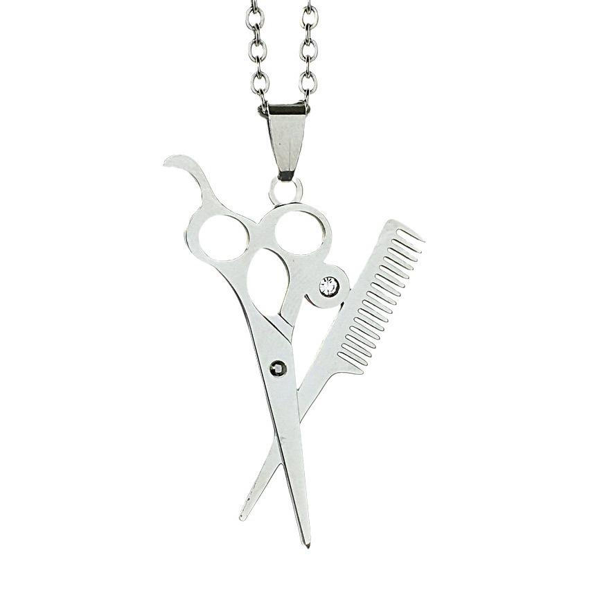 Stainless Steel Hairdresser Scissors Comb Necklace Pendant - DG-022