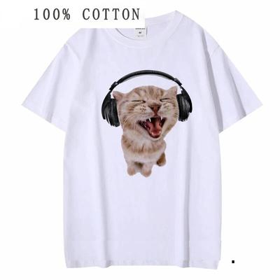 Kawaii Kitten with Headphones Print Tops Women Cotton T Shirt Short Sleeve T-shirt Ladies Tee Shirt Camisetas Mujer Clothes Unisex