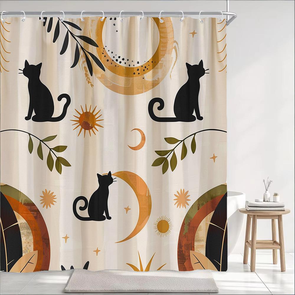 1Pc Nordic Art Cartoon Black Cat Print Shower Curtain Partition Privacy Hanging Bathroom Curtain With Hooks Decoration Curtain