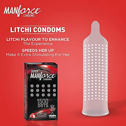 Manforce Litchi Flavoured Extra Dotted Condoms for Men10 Pcs X PACK OF 6 Lubricated Latex Condom for Enhanced Pleasure Intimate