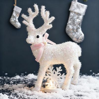 Weihnachts Rentier Figur Kunststoff Weiß Elch Skulptur mit Schal Kleine Hirsch Statue Tischschmuck für Weihnachten Tischplatte Kaminsims Regal Dekor