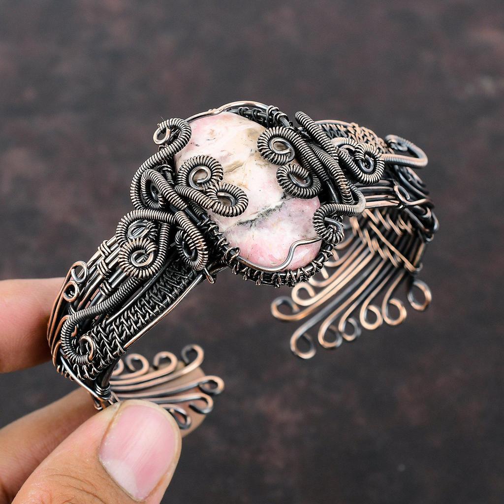 Rhodochrosite Cuff Bracelet Copper Wire Wrapped Bangle Adjustable Cuff Bracelet Gemstone Bangle Handmade Copper Wire Jewelry Gift For Mother