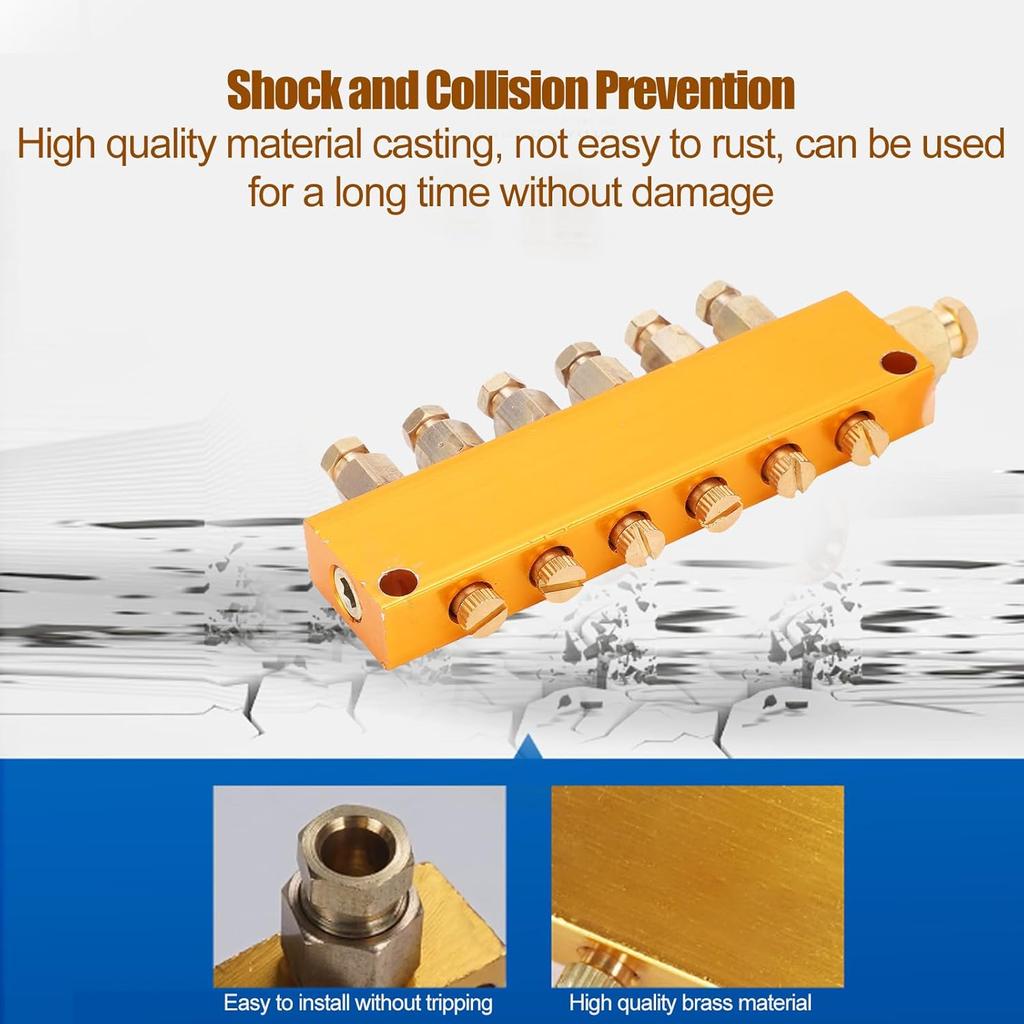 Brass Oil Distributor 5/6 Way Adjustable Lube Oil Piston Distributor Value Manifold Block for Centralized Lubrication System(1 in 6 Out)