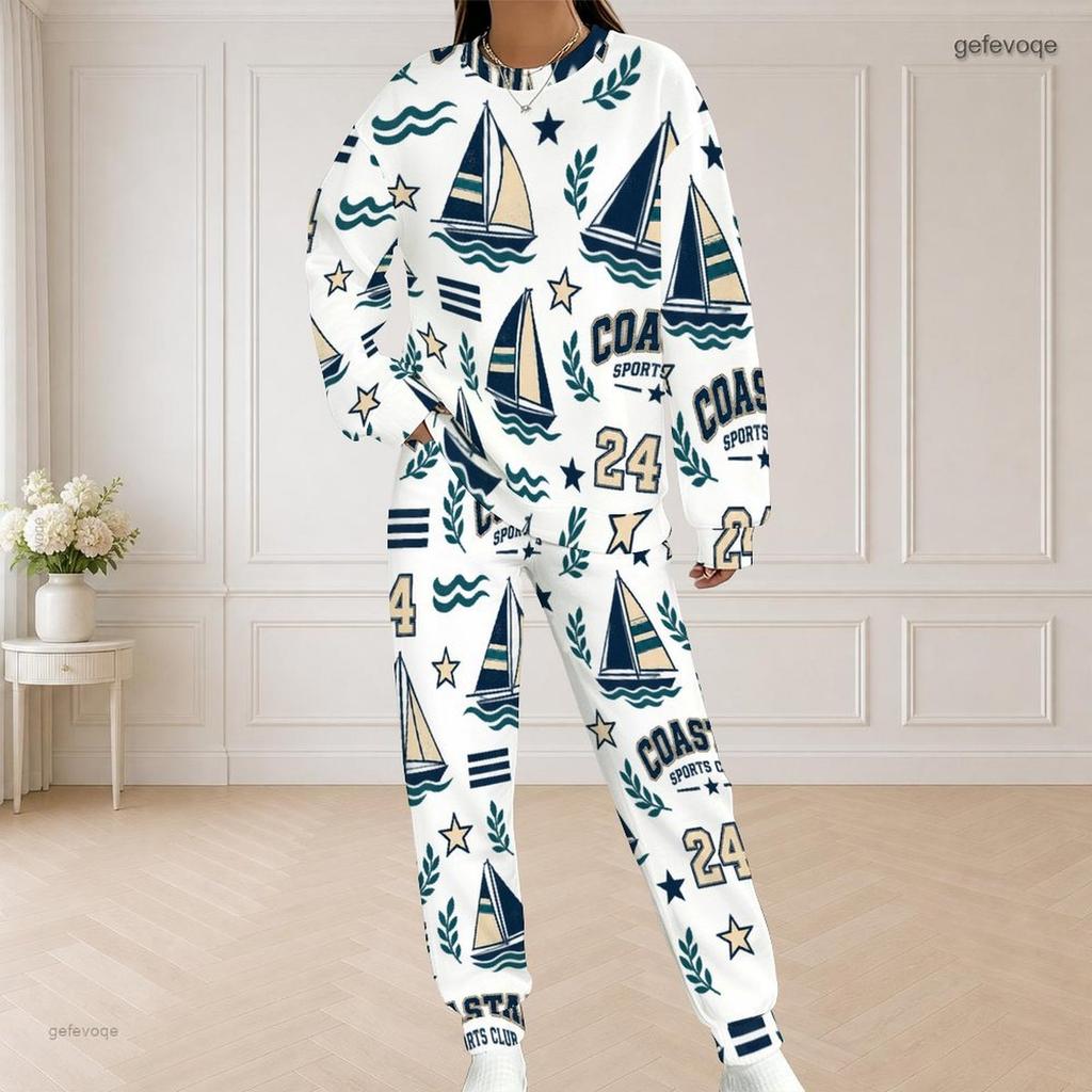 Women Plus Size Sailboat Printed Pocket Round Neck Long Sleeve Top And Long Pants Two Piece Set