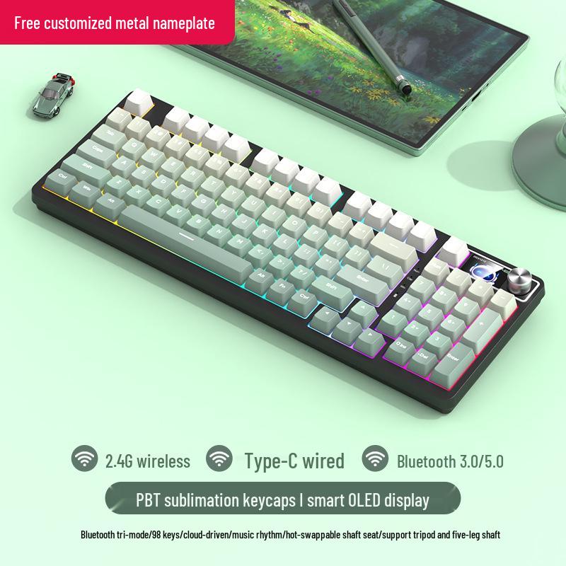 98-Key Wireless Bluetooth Mechanical Keyboard - Blue Switches, PBT Gradient, Gaming/Office, Customizable.
