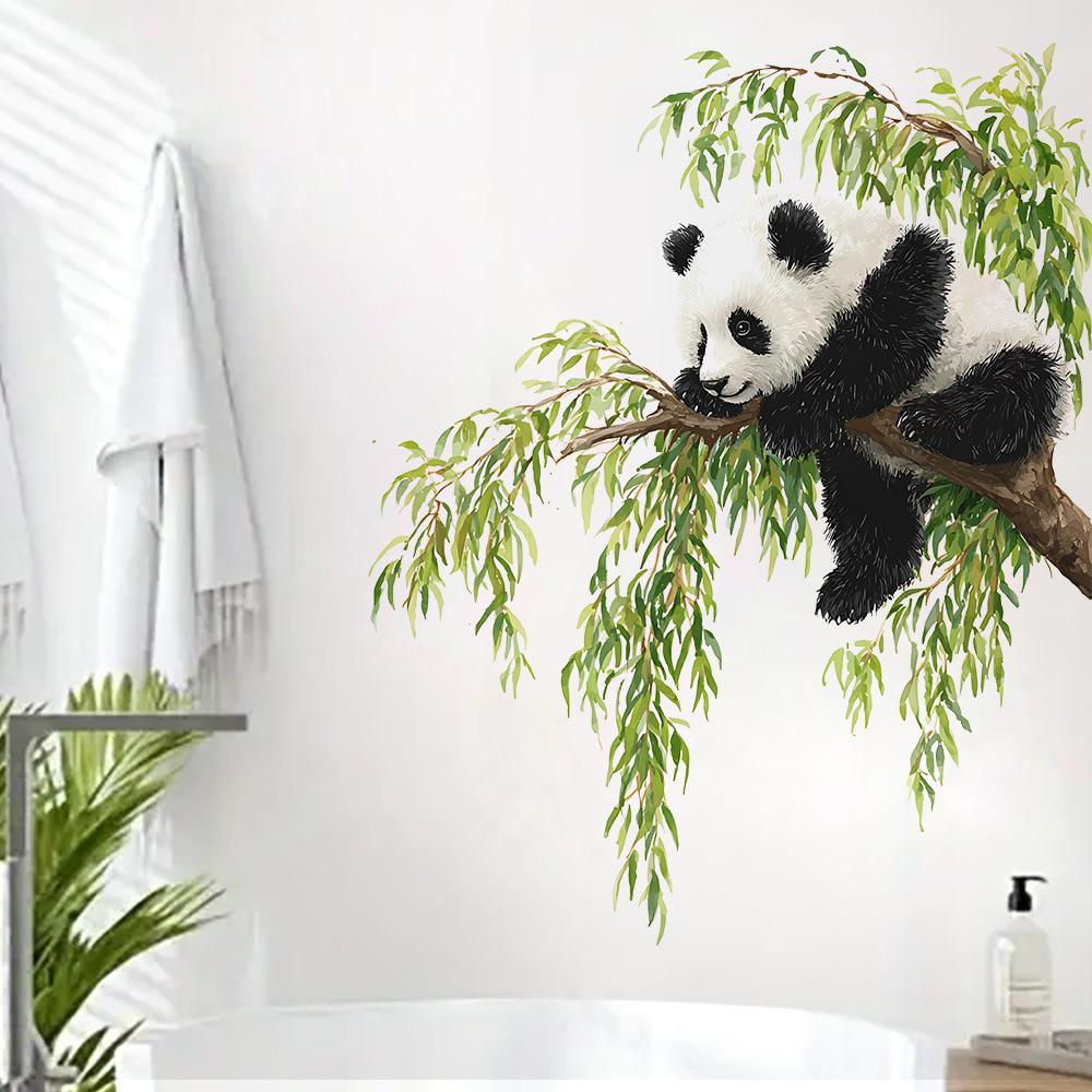 Cartoon Panda Climbing Tree Waterproof Oil Proof Self Adhesive PVC Wall Sticker for Living Room Decor