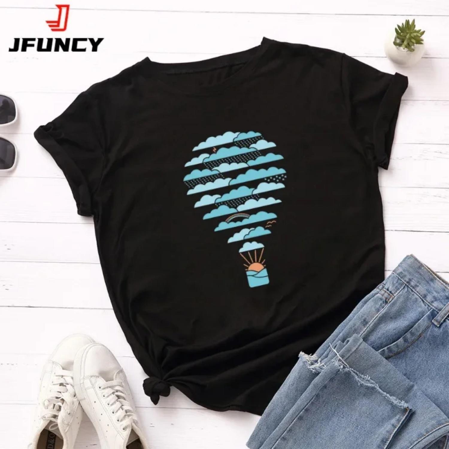 

JFUNCY Свободные женские хлопковые футболки Женская футболка с коротким рукавом Печать с изображением воздушного шара Погода Летняя футболка Женские топы S чёрный