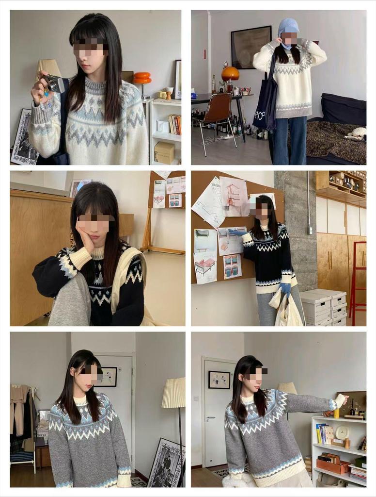 European & American Women's Color Block Round Neck Loose Pullover Sweater